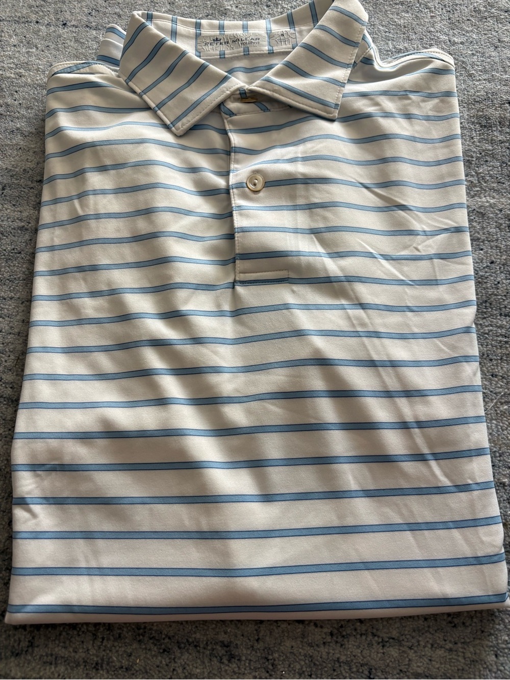 Peter Millar Cream Polo with Light Blue Horizontal Stripes